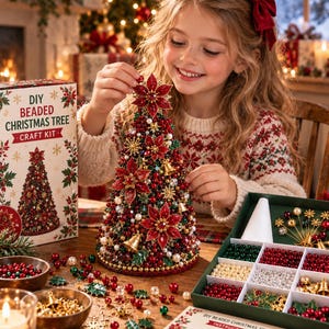 DIY 3D Jeweled Christmas Tree Craft Kit, Rhinestone Poinsettia Tabletop Decor, Pearl Beaded Holiday Centerpiece, Gem Art
