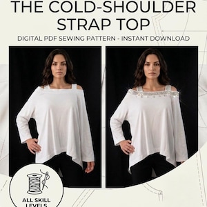 Może przedstawiać: Cyfrowy wykrój krawiecki w formacie PDF zatytułowany THE COLD-SHOULDER STRAP TOP. Obraz przedstawia dwie wersje białej bluzki z długim rękawem, wycięciami na ramionach i ramiączkami. Jedna wersja jest gładka, druga ma kryształowe zdobienia.