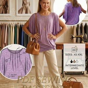 May include: A lavender short-sleeved top with a round neckline, pleats, and a hem knot detail. The garment is shown in a sewing pattern diagram, a back view, and on a model wearing beige trousers. Text includes PDF SEWING PATTERNS and SIZES: XS-XXL.