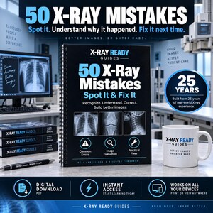 Puede incluir: Un libro de espiral titulado 50 X-Ray Mistakes Spot It & Fix It, con diagramas de imágenes médicas. El conjunto incluye una taza de cerámica blanca, un bolígrafo negro con texto blanco y tres libros apilados sobre una superficie.