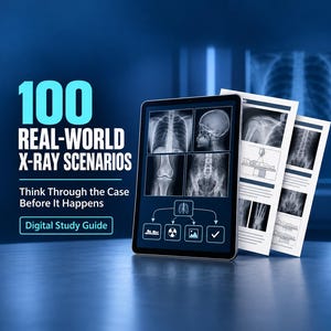 May include: A digital tablet displaying medical X-ray images and a flowchart, accompanied by printed documents featuring radiographic scans. The text reads 100 REAL-WORLD X-RAY SCENARIOS, Think Through the Case Before It Happens, and Digital Study Guide.