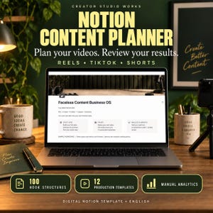 May include: A digital Notion content planner template displayed on a laptop screen. The interface shows a Faceless Content Business OS with sections for planning, creating, and analyzing videos for Reels, TikTok, and Shorts, including 100 hook structures and 12 production templates.