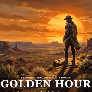 以下が含まれることがあります： GOLDEN HOURと題されたデジタルポスター。帽子とロングコートを身につけたカウボーイが、夕暮れ時の砂漠の風景を見下ろす崖の上に立っている。テキストにはRECASTORY PRESENTS、STARRING WHOEVER YOU CHOOSE、Forty years on the jobが含まれている。