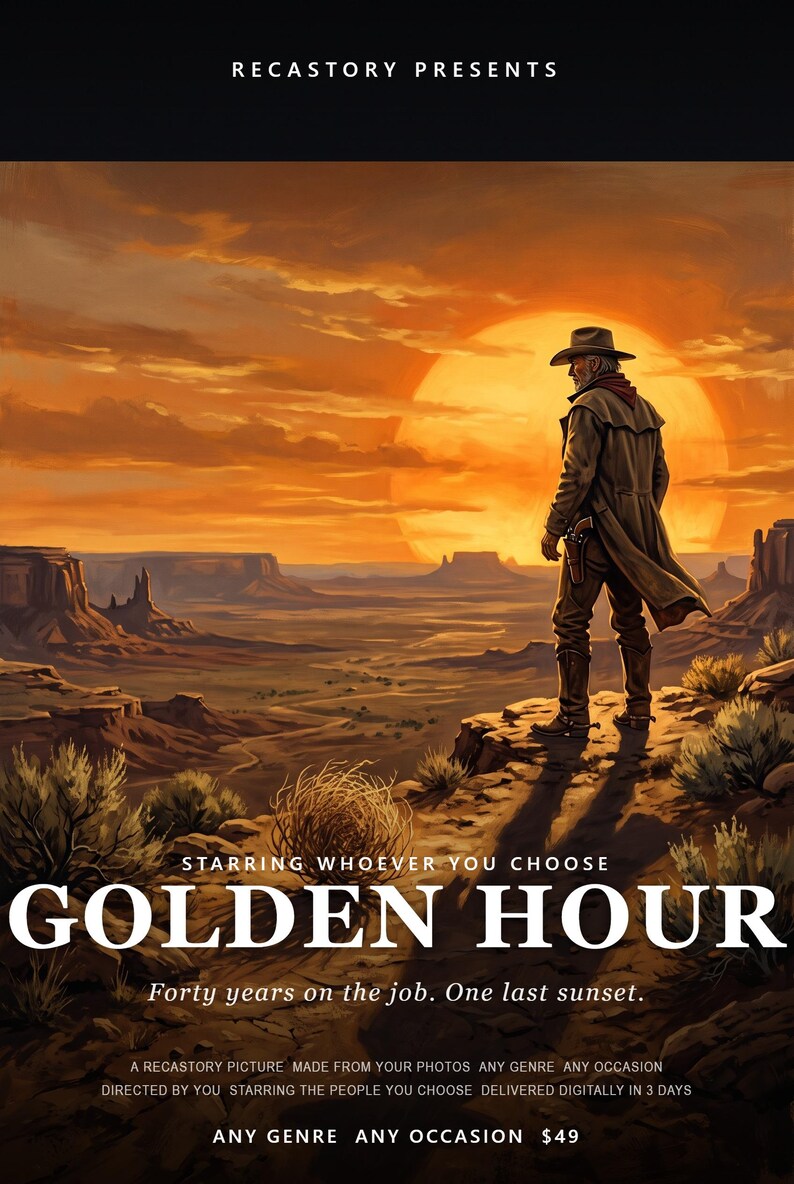 以下が含まれることがあります： GOLDEN HOURと題されたデジタルポスター。帽子とロングコートを身につけたカウボーイが、夕暮れ時の砂漠の風景を見下ろす崖の上に立っている。テキストにはRECASTORY PRESENTS、STARRING WHOEVER YOU CHOOSE、Forty years on the jobが含まれている。