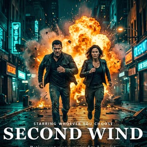 以下が含まれることがあります： 夜の街の通りで大きな爆発から逃げる二人の人物を描いたSECOND WINDというタイトルの映画ポスター。テキストにはRECASTORY PRESENTS、STARRING WHOEVER YOU CHOOSE、SECOND WIND、Retirement was supposed to be quietと書かれています。