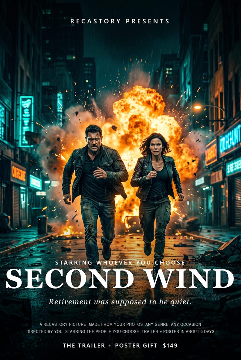 Pode incluir: Um cartaz de filme intitulado SECOND WIND mostrando um homem e uma mulher correndo de uma grande explos&atilde;o laranja em uma rua. O texto diz RECASTORY PRESENTS, STARRING WHOEVER YOU CHOOSE, SECOND WIND, Retirement was supposed to be quiet.