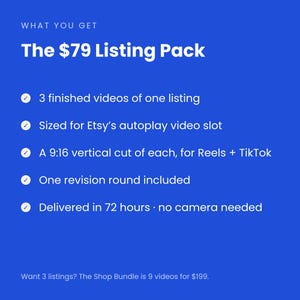 May include: A blue digital graphic with white text titled The $79 Listing Pack. It lists features: 3 finished videos of one listing, sized for Etsy's autoplay video slot, a 9:16 vertical cut for Reels and TikTok, one revision round, and 72-hour delivery.