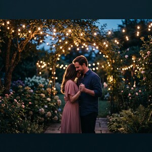 May include: A person in a dusty rose dress and a person in a navy blue button-down shirt and dark trousers dancing together on a stone path under an archway decorated with glowing string lights in a garden with lush green foliage and flowers.