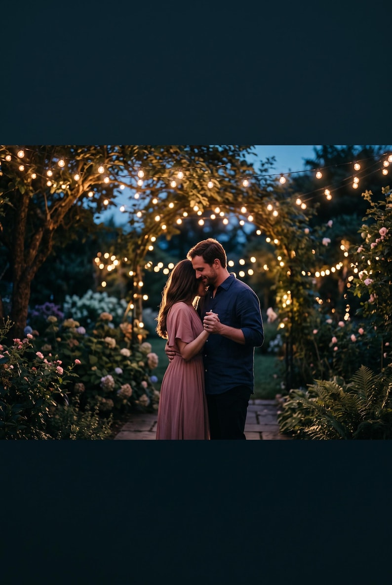Pode incluir: Uma pessoa com um vestido rosa seco e uma pessoa com uma camisa azul-marinho e cal&ccedil;as escuras dan&ccedil;ando juntas num caminho de pedra sob um arco decorado com luzes brilhantes num jardim com folhagem verde e flores.