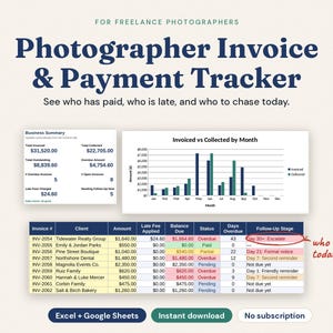 Freelance Photographer Invoice Tracker | Excel & Google Sheets Template | Client Payment Tracker Spreadsheet