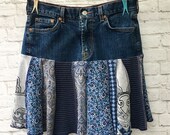 Boho Denim Blue Jeans Mini Skirt Upcycled Eco Friendly Clothing Eco Sustainable Short Skirt Waist 28 quot Women 39 s Size Small Medium Patchwork