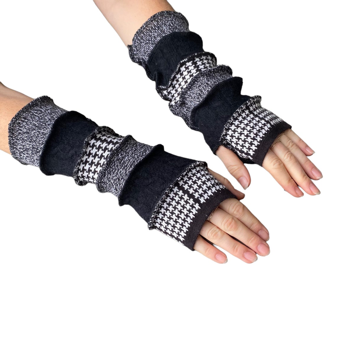 Black and White Fingerless Gloves Sustainable Handmade - Etsy