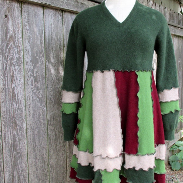 Cashmere Recycled Sweater Dress Green Burgundy Red Upcycled Luxury Large XL Thankful Rose