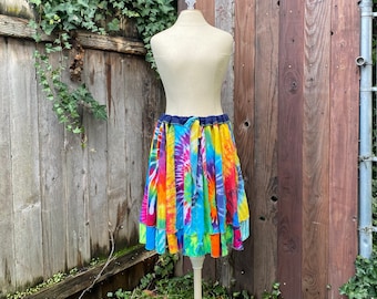 Tie Dye Rainbow Patchwork Cotton Knit Skirt, Handmade Eco Friendly Womens Skirt, Drawstring Waist Fits Size Medium, Large, XL 1X 2X 3X