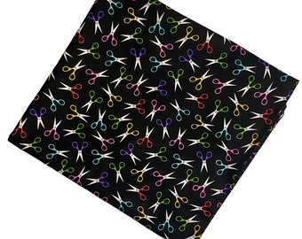 Sew Be It Fabric by Debi Hron for Henry Glass, Two Yards Black Fabric with Colorful Scissors,