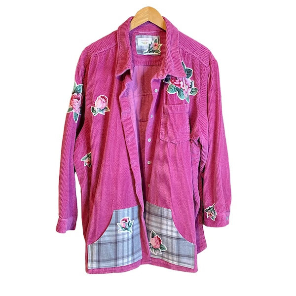 Pink Corduroy Womens Plus Size Art Jacket with Roses Size XXL XXXL