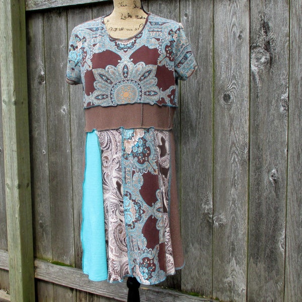 Handmade Dress for Women - Hippie Style Clothing - Turquoise Chocolate - One of a Kind Apparel - Online Fashion for Women - Short Sleeves