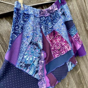 Colorful Patchwork Skirt for Women, Artisan Handmade Purple and Blue Cotton Knits Skirt, Upcycled Clothing Size 1X 2X, Summer Vacation Skirt