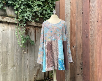 Long Sleeve Tunic Top Size Large XL, Eco Handmade Clothing Gift for Mom, Womens Upcycled Clothing, Cotton Knit Comfortable Art to Wear