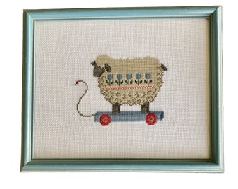 Framed Embroidered Sheep with Flowers Handmade Art, Counted Cross Stitch Country Art, Vintage Pull Toy Handmade Art, Made in USA 1989