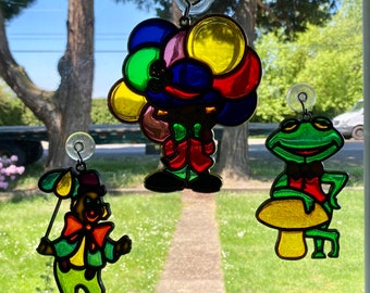Vintage Window Sun Catcher Stained Glass Look, Frog Clown or Boy Rainbow Balloons You Choose