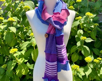 Handmade Long Colorful Scarf - Upcycled Clothing Accessories - One Size Fits All Gift for Women or Men