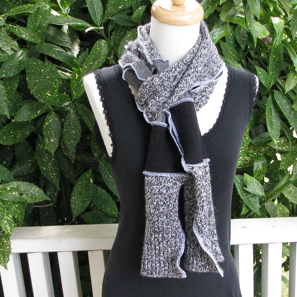 Recycled Sweater Scarf Black White Grey Gray Upcycle Eco Recycle Cotton Wool Thankful Rose