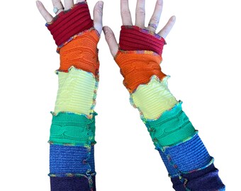 Extra Long Rainbow Fingerless Slim Fit - Sustainable Handmade Cotton Arm Warmers