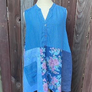 Sleeveless Womens Tunic Top Blue Woven Patchwork Shirt