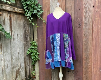 3X Purple T Shirt Knit Tunic Top, Eco Plus Size Fun Clothing, Womens Comfortable Upcycled Long Blouse, Handmade Clothing Made in USA