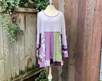 Womens Cotton Knit Tunic Dress Top Size Large XL, Upcycled Clothing for Women, Comfortable Casual Eco Friendly Clothing Handmade in Oregon