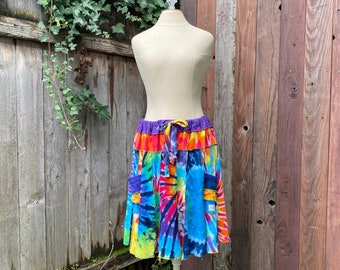 Tie Dye Rainbow Patchwork Cotton Knit Skirt, Eco Festival Summer Skirt, Drawstring Waist Fits Size Medium, Large, XL 1X 2X, 3X, Hippie Skirt