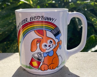 Vintage Rainbow Happy Easter Bunny Coffee Mug, Easter Basket Filler for Adults, Colorful Ceramic Mug for Tea, Cute Vintage Cup for Kids