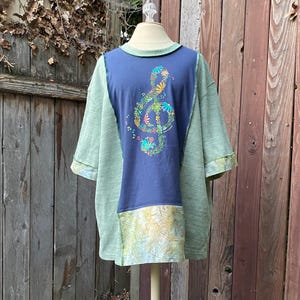 Womens Short Sleeve Top, Upcycled Art to Wear Fits 1X 2X 3X, Handcrafted Clothing Made in Oregon, Blue Green Tunic with Musical Note