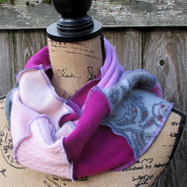 Cashmere Scarf - Upcycled Clothing - Rose Fuchsia Grey - Thankful Rose - Warm Winter Scarf - Gift for Women - Repurposed Eco Gypsy Style