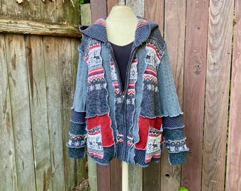 Natural Fiber Hooded Cardigan Sweater, Handmade Unisex Sweater, One of a Kind Upcycled Clothing, Eco Friendly Swester for Women or Men
