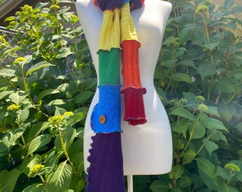 Cotton Knit Long Rainbow Scarf, Eco Handmade Gift for Bestie, Unisex Upcycled Clothing, Natural Fiber Festival Clothing for Women or Men