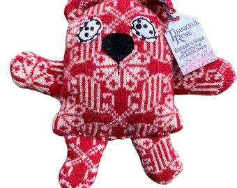 Handmade Eco Sweater Bear Plush Soft Toy, Red Toy Stuffie, Sustainable Gift for Children, Sensory Plush Gift, Upcycled Recycled Eco Style