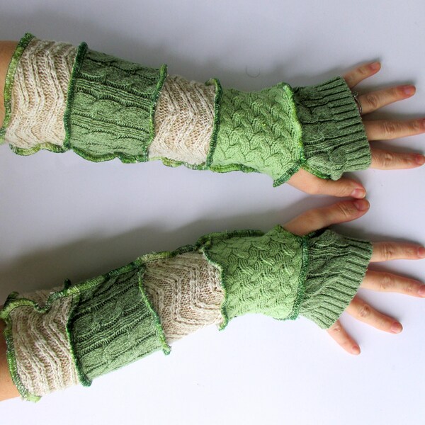 Fingerless Gloves - Arm Socks - Recycled Sweaters - Celery Green Ecru Natural - Reduce Reuse Recycle - Vegan Friendly - Ecofriendly  Upcycle