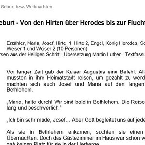 May include: A printed document titled Jesu Geburt - Von den Hirten über Herodes bis zur Flucht, detailing a nativity play script. It lists ten characters including Mary, Joseph, and shepherds, and includes dialogue in German based on the 1912 Luther Bible.