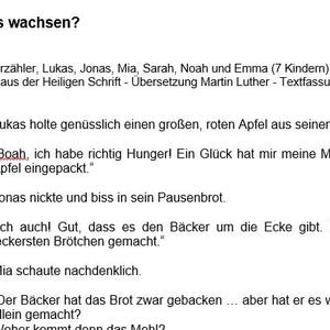 May include: A printed document titled Wer lässt es wachsen? featuring a script with characters named Erzähler, Lukas, Jonas, Mia, Sarah, Noah, and Emma. The text includes dialogue about a red apple, a sandwich, and questions regarding the origin of bread.