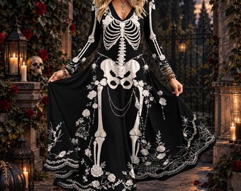 May include: A long-sleeved black maxi dress featuring a white skeletal print on the bodice and skirt, accented with white floral patterns and spiderweb designs. The dress has a V-neckline and a flared skirt that reaches the floor, creating a detailed graphic.
