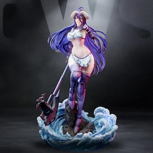 May include: A detailed anime-style figurine of a character with long purple hair, white horns, and a white ruffled top. The figure stands on a sculpted blue water base, holding a large dark axe-like weapon, wearing purple thigh-high boots.