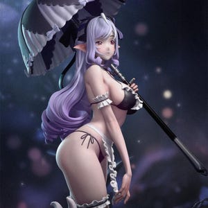 May include: A collectible anime-style figurine of a character with long light purple hair and pointed ears. The figure wears a black and white ruffled bikini set with a matching apron, holding a black and white parasol with small white bows.