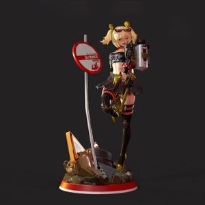 May include: A blonde anime-style character figurine wearing a black crop top, skirt, and thigh-high stockings, holding a white canister. The base features a red and white circular sign with the text BURNICE WHITE and debris including a tire.