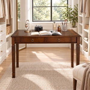 May include: A rectangular dark brown wooden desk featuring a herringbone pattern on the tabletop, two drawers with circular brass pulls, and four fluted legs. An open book, a black camera, a glass perfume bottle, and a brush holder sit on top.