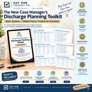 Puede incluir: Un kit de planificación de alta para gestores de casos con una tableta que muestra el título The New Case Manager's Discharge Planning Toolkit, junto con formularios rellenables, rastreadores y listas de verificación para hospitales.