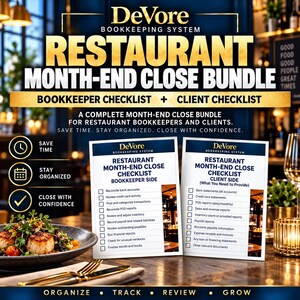 May include: DeVore Bookkeeping System Restaurant Month-End Close Bundle featuring a bookkeeper checklist and a client checklist. The documents list tasks like reconciling bank accounts, reviewing credit card activity, and managing payroll reports.