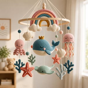 May include: A hanging nursery mobile featuring a crocheted rainbow with clouds at the top, suspended from a circular wooden frame. Hanging elements include a blue whale with a crown, a pink octopus, a jellyfish, starfish, seashells, and coral.