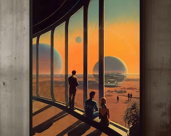 May include: A framed wall art print depicting a futuristic scene with three figures looking out from a curved balcony at a desert landscape under an orange sky. Two large spherical structures sit on the horizon, and a small plant is in the corner.